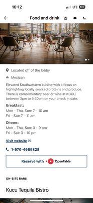 Photo of the restaurant hours on website