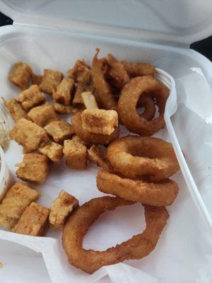 Salmon bites and onion rings.