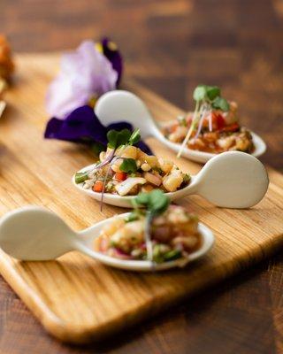 Shrimp Ceviche, Fresh Lime, and Diced Red Onions.