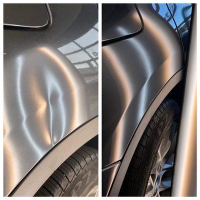 Paintless Dent Removal. A runaway shopping cart dented this customers BMW. Completely removed the same day with no need to repaint.