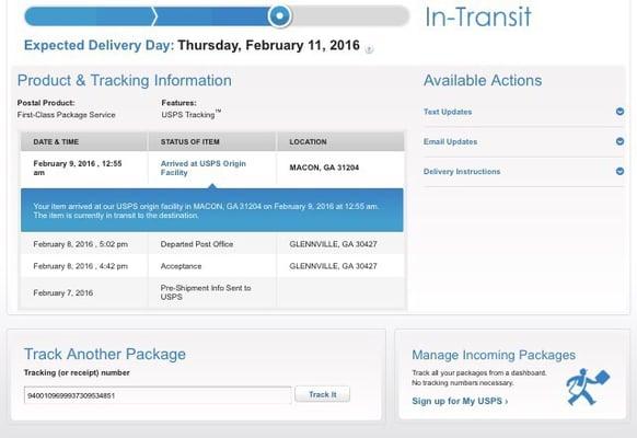 Proof that Macon Georgia is hindering the postal services. This is a screenshot as of 06:56 Central time 02/15/2016.