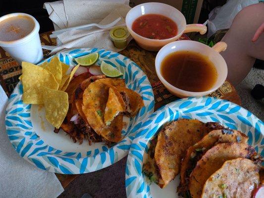 Quesabirria tacos with chips, salsa, and consomme