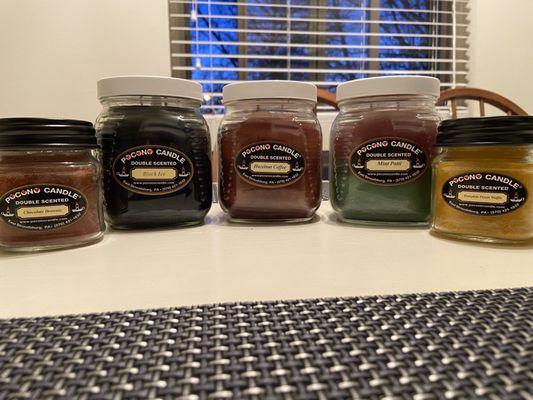 The candles I purchased which are awesome! Chocolate brownie Black ice Hazelnut coffee Mint patty Pumpkin pecan waffle