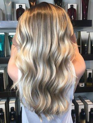 Icy blonde hair painting with baby lites and root smudge. Hair by Morgan