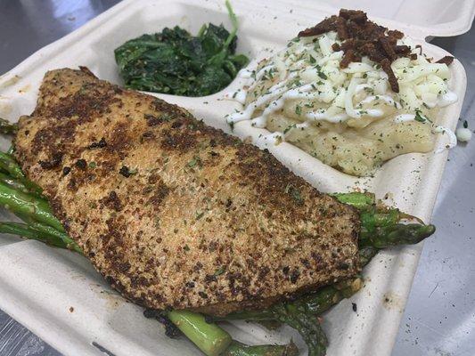 Red Snapper, Asparagus, Spinach, and Loaded Mash Potatoes