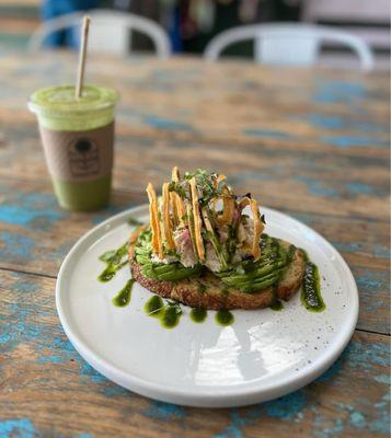 The farm Toast and Iced Macha Latte