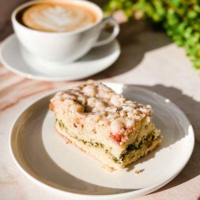 Strawberry Matcha Coffee Cake with Latte