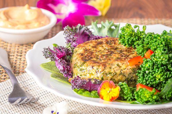 Vegan Spinach and White Bean Burger and Broccolini