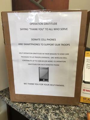 They are putting together a box of old cell phones to mail to the troops overseas!!!! Stop by and drop off an old cell phone!