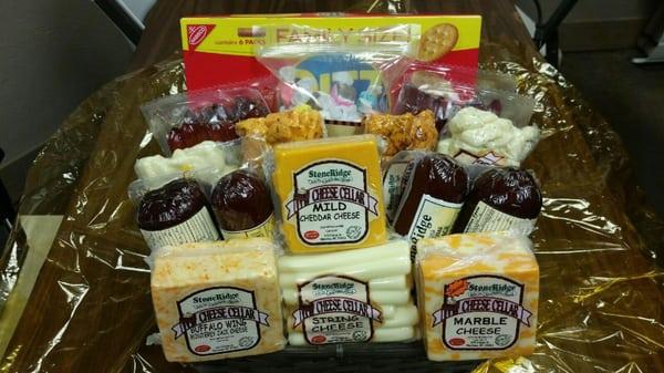 Gourmet food items for a gift basket.