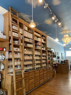 Inside the store, the tea wall