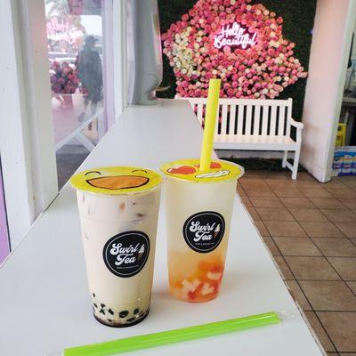 Brown sugar milk tea with honey Boba Lychee slush with rainbow jelly and popping Boba