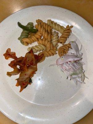 Pasta salad, crab salad, kimchi