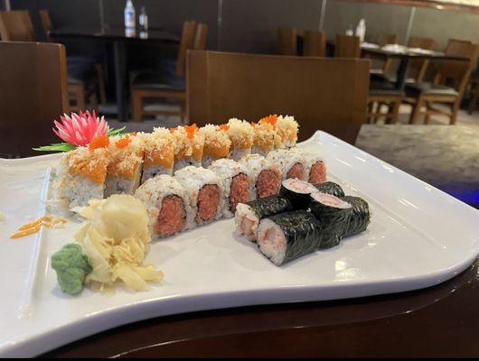 Salmon Lover Special Roll, Tuna Roll, and Crab Roll