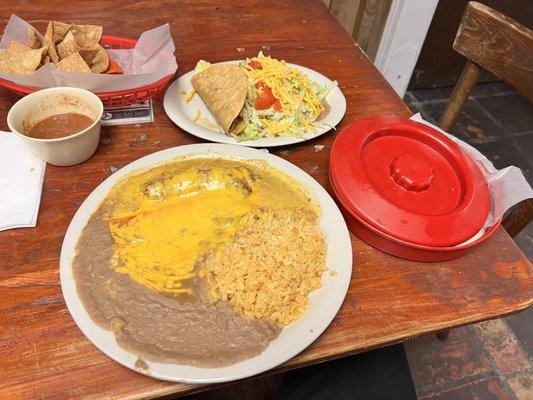 The "Gilbert Special"...taco, tostada, tamale, enchilada, rice, beans, tortillas