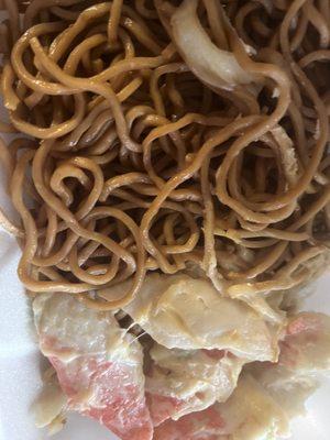 Lo mein noodles and Cheesy Crab (Krab) (Create your own combo with 1 entree for $9). This is just 50% of what you get -- we'd already eaten.