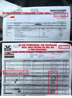 Don't take my word for it... here's the receipt for 4 new tires (AM) and then Valvoline trying to SELL me a tire rotation (PM).