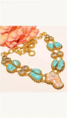 Turquoise and Biwa Pearl Necklace.