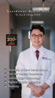 Over 200+ Google reviews, Univ of Pennsylvania Dental School, 15+ years of experience, cutting-edge technology, and unwavering honesty.