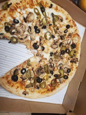 Dry, cold, chicken, mushrooms, black olives, jalapeños pizza