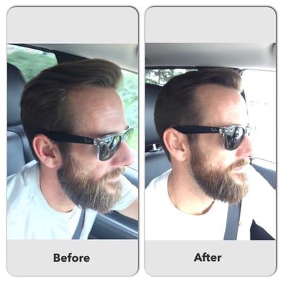 Before and after beard trim with faded sides and a long top.