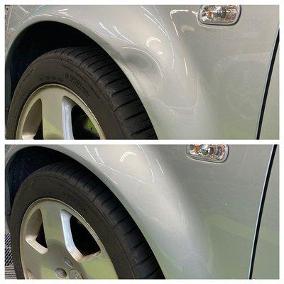 Audi aluminum fender dent removed with Paintless dent removal: this repair can be done in hours and returned the same day.