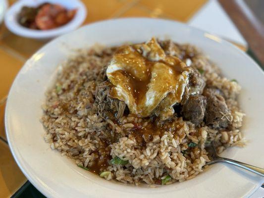 Loco Moco with fried rice and kalua pig