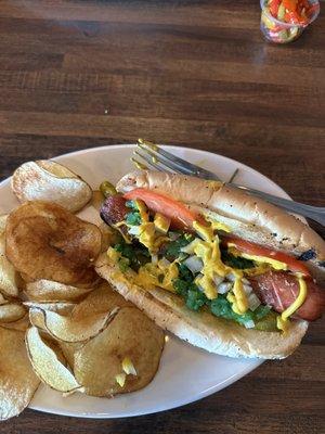 Authentic Chicago Style Dog, homemade potato chips and caramelized onion dip