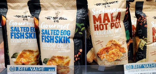 The Golden Duck Co Salted Egg Fish Skins and Mala Hot Pot Battered Fish Skins Snacks