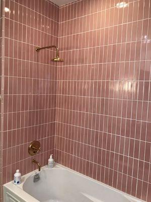 pink subway tile installed for a bathroom remodel in Beverly Hills