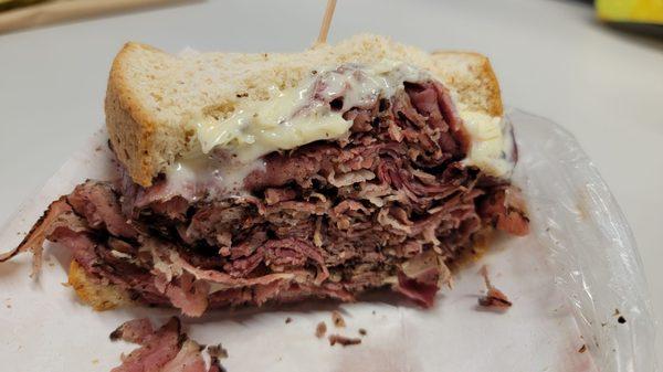 Pastrami topped with Pepperjack Cheese on Wheat Bread  served hot: Pepper-jack cheese on top added nice spice!