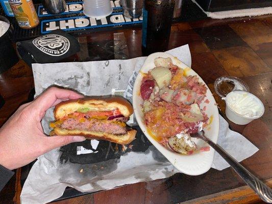 Seriously good burger with loaded potatoes