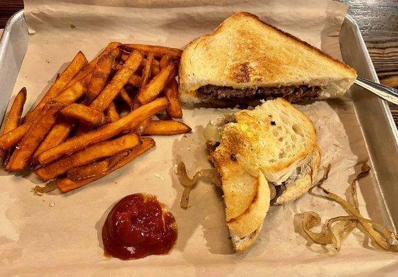 Patty melt with sweet potato fries