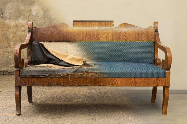 Before and After Photo, of a vintage wooden couch, that was photoshopped into one photo. Cool Huh?!