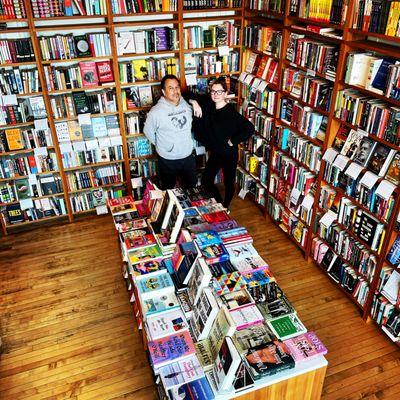 Javier and Kristin in the fiction room of Exile in Bookville!