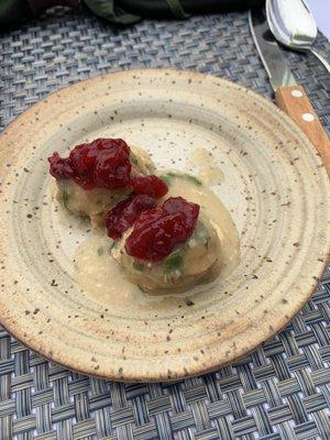 Turkey & Cornbread Meatballs topped with Cranberry Chutney