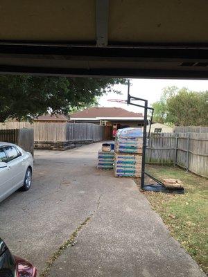 Supplies dropped off before I left for work. They placed them perfectly to allow room for me to back out of my garage.  Very considerate