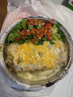 Smothered burrito with creamy habanero and side salad with pico de gallo