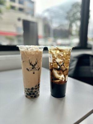 Royal No. 9 Milk Tea w/ Boba and Brown Sugar Deerioca Creme Brûlée Milk