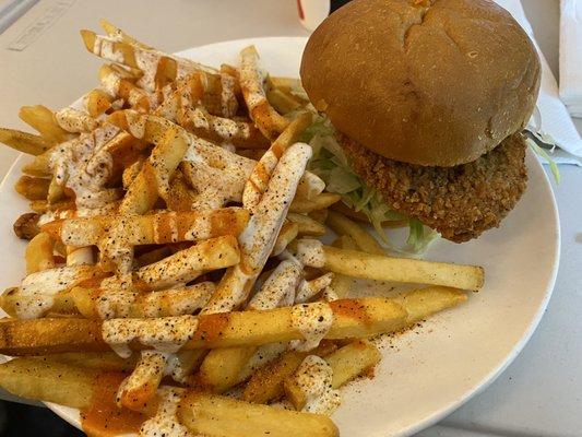 Fried chicken sandwich and spicy ranch fries