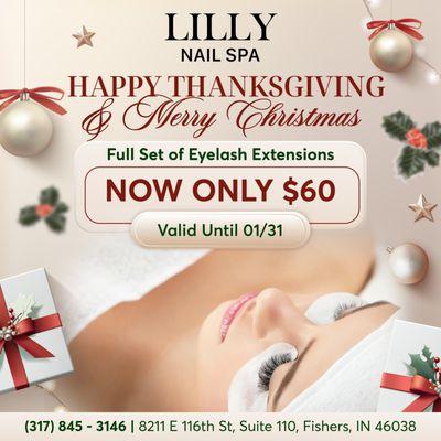 HAPPY THANKSGIVING & MERRY CHRISTMAS! 
Get your holiday glam on with our Full Set of Eyelash Extensions - Now Only $60!