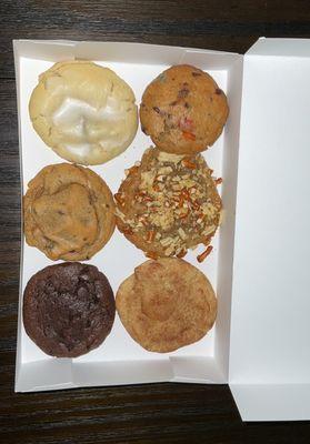 Fudge Chocolate, Snickerdoodle, Lemon Blueberry, m&m Nutella, Kitchen Sink, Triple Chocolate cookies.