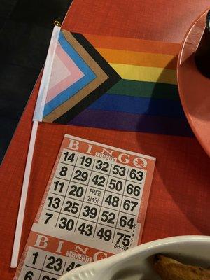 Pride flag for Charity Bingo that supports Courage MKE tonight! Hosted by Dear Ruthie from Shepherd Express and Drag Queen ICON!