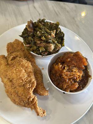 Fried catfish, candied yams, collard greens