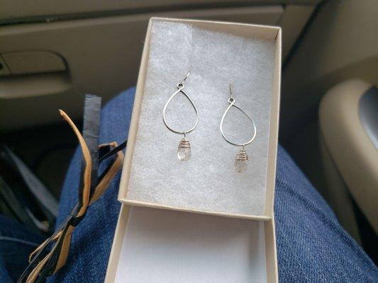 Beautiful, hand-crafted sterling silver earrings with quartz.