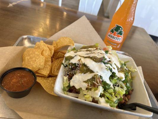 Chicken bowl with chips and salsa