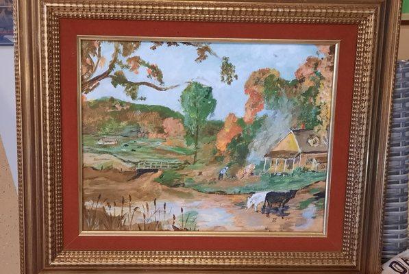 Painting: Peaceful scene; beautiful wooden frame.