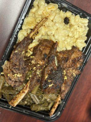 Lemon pepper Lamb chops with collard greens and Mac n cheese