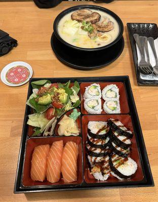 Sushi bento w/ salmon nigiri and Tonkatsu ramen.