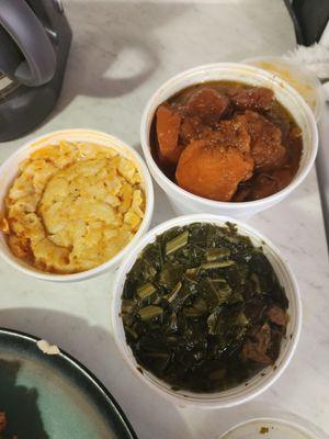 Macaroni, greens, candid yams